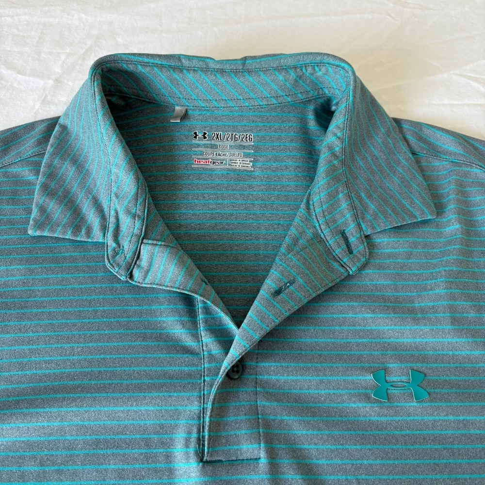 Under Armour Heatgear Mens Blue Striped Performance Loose Polo Shirt Size 2XL